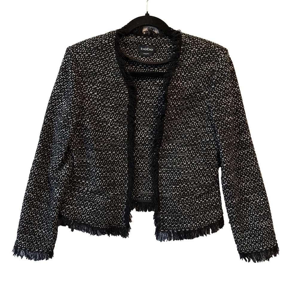 Bebe Tweed Wool Jacket Blazer Open Front Fringed Quiet Luxury Cropped 4 Coquette